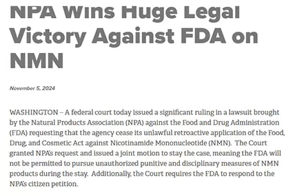 NPAに有利な連邦裁判所の規則、米国のNMNの禁止を解除